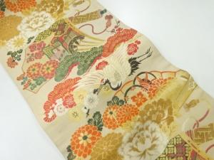 アンティーク　扇に菊・御所車模様織出し丸帯（着用可）